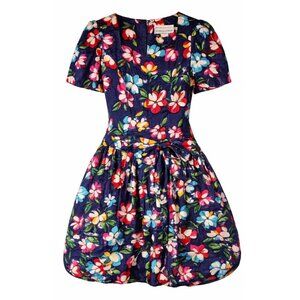 Vintage 80s Connections Floral Puff Bubble Dress Big Bow Detail Scoop Neck, Sz 8